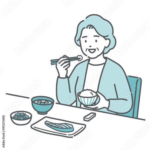 バランスの良い食事（和食）をとる高齢女性（おばあちゃん）のイラスト