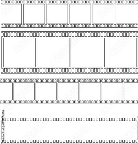 Grunge film strip icon set with vintage texture, distressed cinema frame collection, retro movie reel design group, old photography strip , analog media element for creative projects.