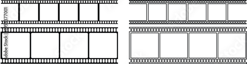 Grunge film strip icon set with vintage texture, distressed cinema frame collection, retro movie reel design group, old photography strip , analog media element for creative projects.