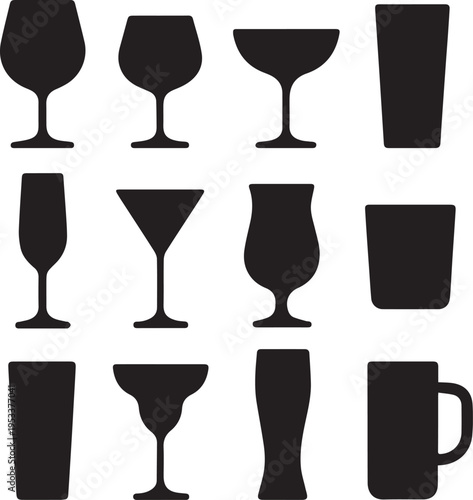A collection of twelve black silhouette icons representing various types of drinking glassware items Vector
