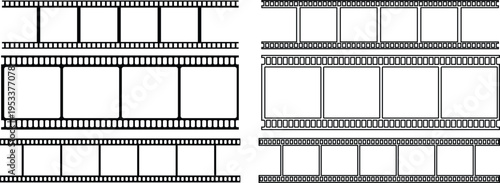 Grunge film strip icon set with vintage texture, distressed cinema frame collection, retro movie reel design group, old photography strip , analog media element for creative projects.