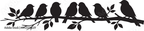 A black silhouette illustration featuring seven small birds perched together on a leafy tree branch Vector