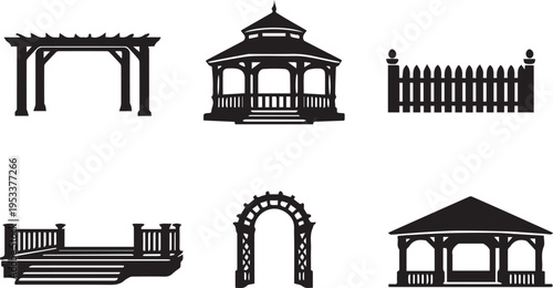A collection of architectural silhouette icons featuring various garden structures and fencing Vector