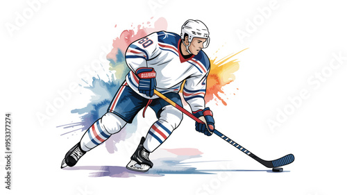 Hockey Player In Action With Stick And Puck On Ice Rink For Sports Concepts
