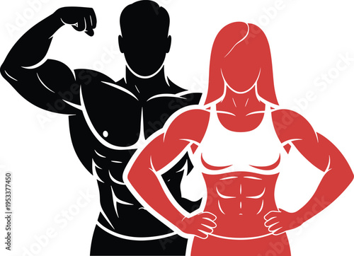 Bodybuilder silhouettes male and female, muscular fitness couple, strength training concept, gym workout lifestyle, athletic physique illustration, isolated design set