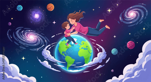 Mother and child embracing earth from space with galaxies and stars