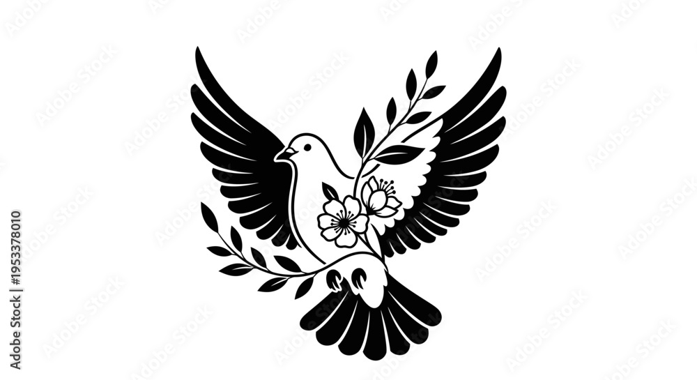 Obraz premium Black and white dove illustration with floral elements against a white background