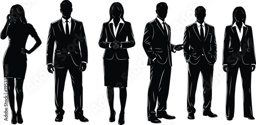Large set of diverse business people silhouettes in professional corporate suits standing together as a successful team for leadership and office career concepts
