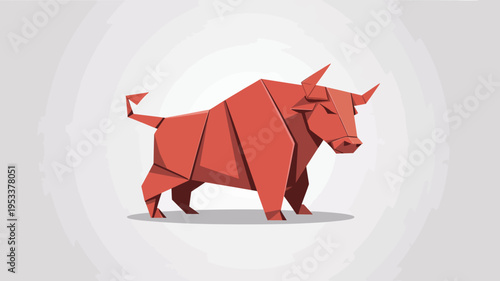 Red Origami Bull Standing On White Background For Finance And Symbol Concepts