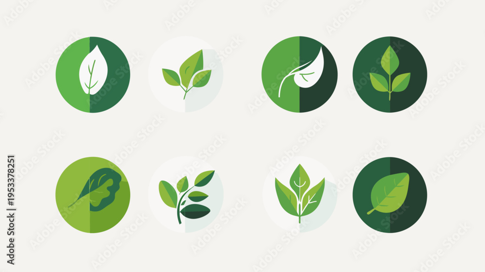 Obraz premium Collection of green leaf icons in circular frames against a light background