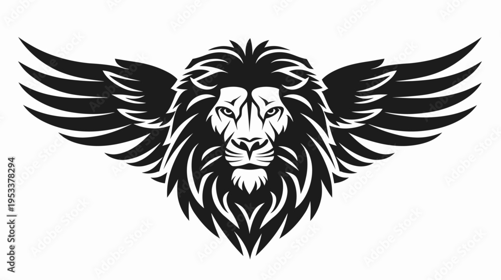 Fototapeta premium Winged lion graphic illustration powerful symbol in black and white