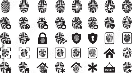 Fingerprint icons collection with biometric security symbols, touch ID authentication signs set, identity verification vector illustration bundle pack