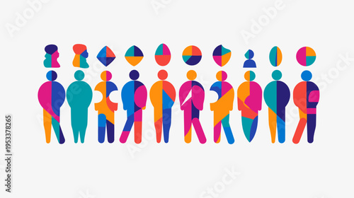 Abstract illustration of diverse human figures with geometric shapes and colors