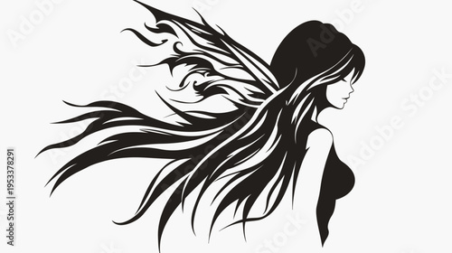 Elegant black and white silhouette of a woman with detailed winged feature