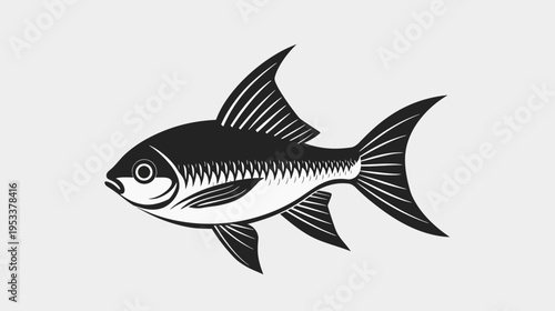 Black and white illustration of a fish with detailed fins and scales design