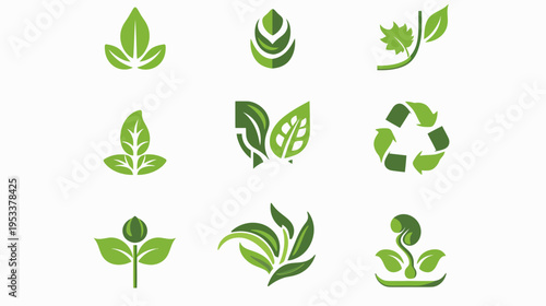 Set of green leaf icons and symbols for ecology and environmental themes