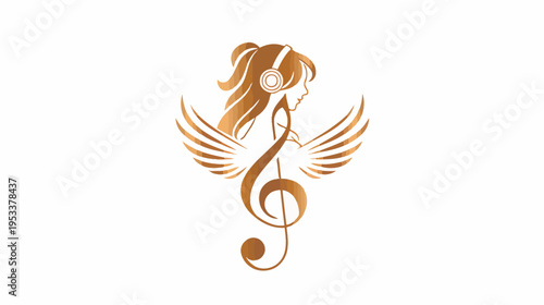 Elegant music themed silhouette woman wings and treble clef symbol