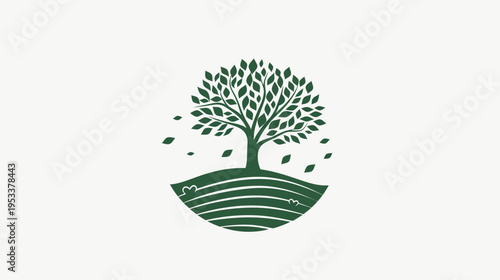 Stylized tree illustration with leaves and curved ground on a white background