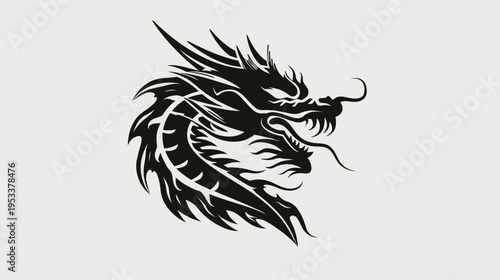 Black dragon head silhouette on neutral background for design and decoration