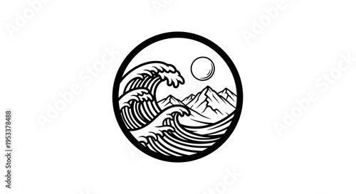 Black and white artwork of waves and mountains inside a circular frame