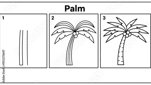 Illustrated guide to drawing a palm tree step by step for educational purposes