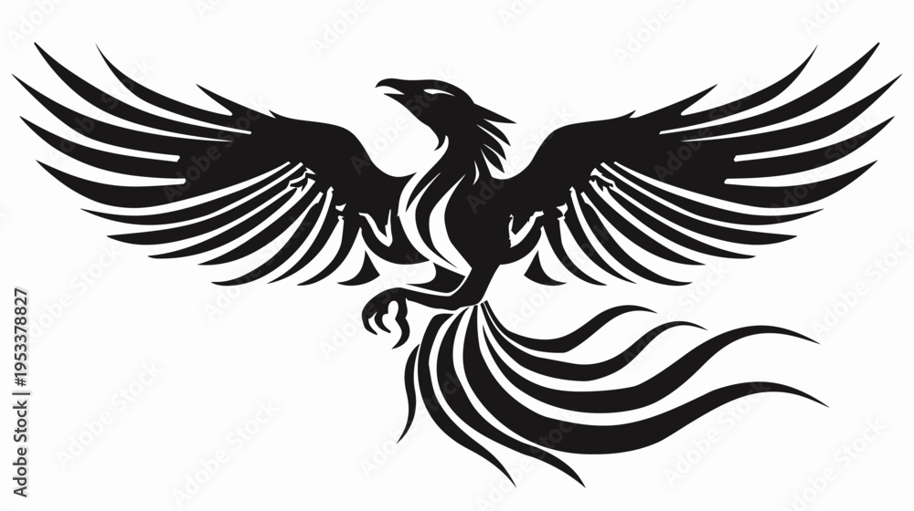 Fototapeta premium Black phoenix soaring vector illustration of mythical bird on white background