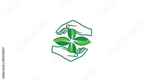 Hands protecting green leaves emblem representing nature and environmental care