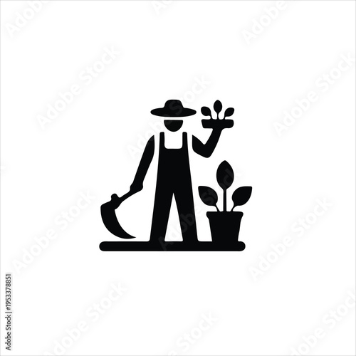 Black silhouette icon of a farmer holding a scythe and a plant agriculture gardening