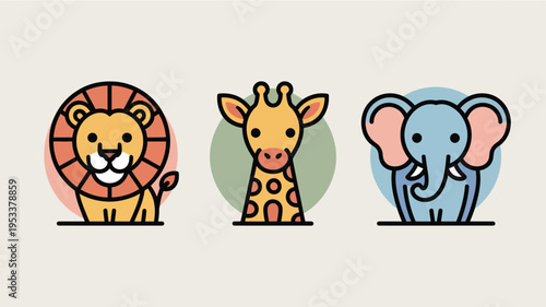 Cartoon Lion, Giraffe And Elephant Isolated On Beige Background For Kids Education Concepts