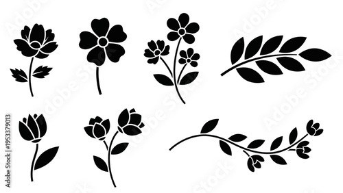 Black floral design elements for graphic design and decorative purposes