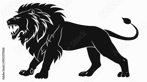 Majestic silhouette of a roaring lion isolated on white background