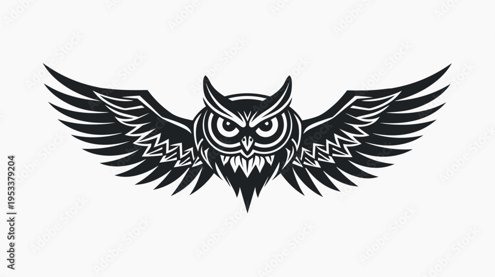 Fototapeta premium Black and white owl illustration with spread wings on white background