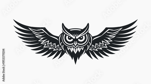 Black and white owl illustration with spread wings on white background