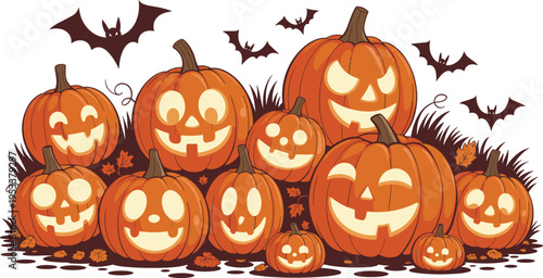 Halloween pumpkin collection, spooky jack o lantern faces with bats, autumn leaves, festive decoration, creepy cartoon illustration, seasonal holiday design