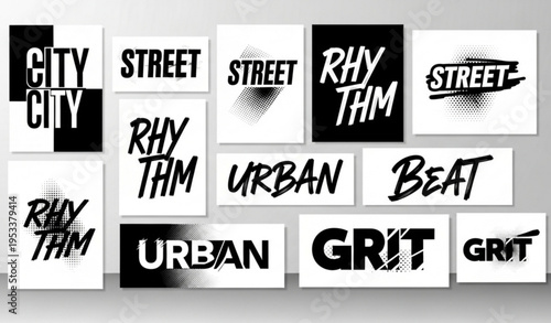 Black and white streetwear typography t shirt design set modern lettering isolated on transparent background