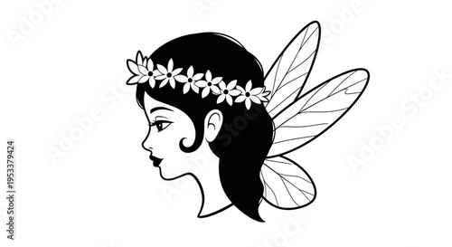 Elegant fairy profile in black and white with floral crown and wings