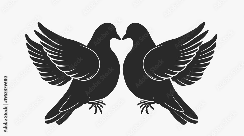 Fototapeta premium Two doves in silhouette forming a heart shape symbol on white background