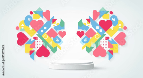 Colorful heart shapes arranged in circular patterns on a white background with a small cylindrical object