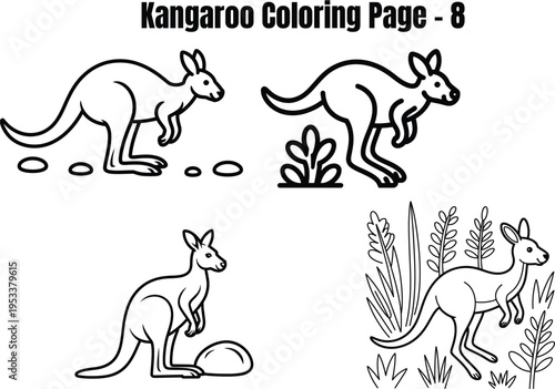 Kangaroo on white background coloring page black and white 3
