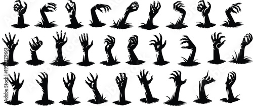 Zombie hand silhouette illustration, twenty-four figures rising from ground in horror poses, Halloween resurrection theme, vector art, black isolated bold design for eerie visuals