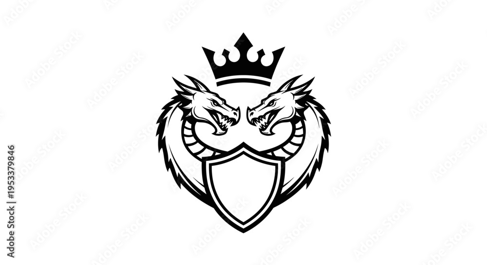Fototapeta premium Heraldic dragon crest with crown and shield vector illustration