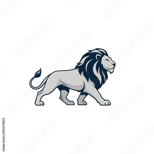 A stylized lion walks with a proud gait, its mane flowing