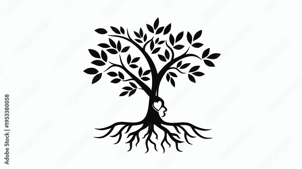 Obraz premium Stylized tree silhouette with roots and leaves isolated on white background