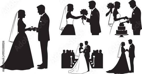 Silhouettes of a couple in various romantic poses and settings black silhouettes