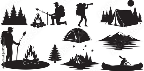 Silhouetted people and animals in winter night scenes with snowflakes dark