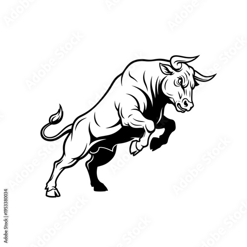 Muscular bull charging forward aggressively, powerful stance, horns ready