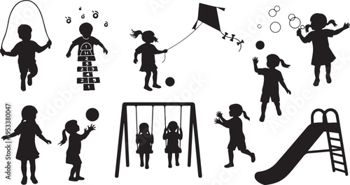 Silhouettes of diverse daily activities and professions in monochrome black silhouettes