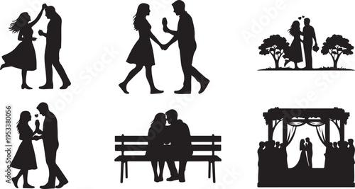 Silhouettes of couples in various romantic and social settings outdoors socializing