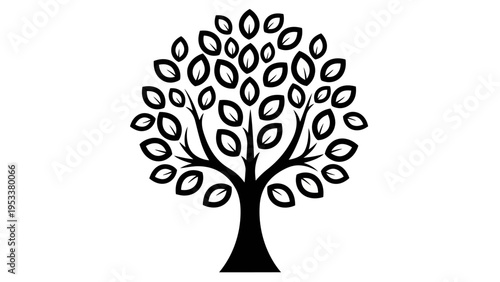 Black and white tree illustration with full leaves for nature and environment concepts