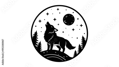 Silhouette of a howling wolf with stars and moon in a circular frame